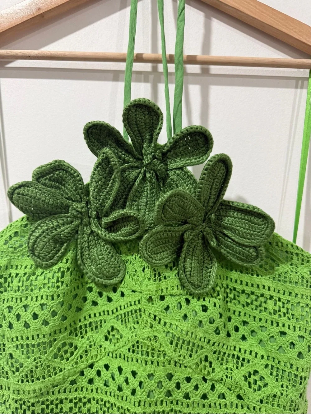 Farm Rio for Anthropologie Green Crochet Floral Halter Mini Dress Size M NWT - Picture 12 of 15